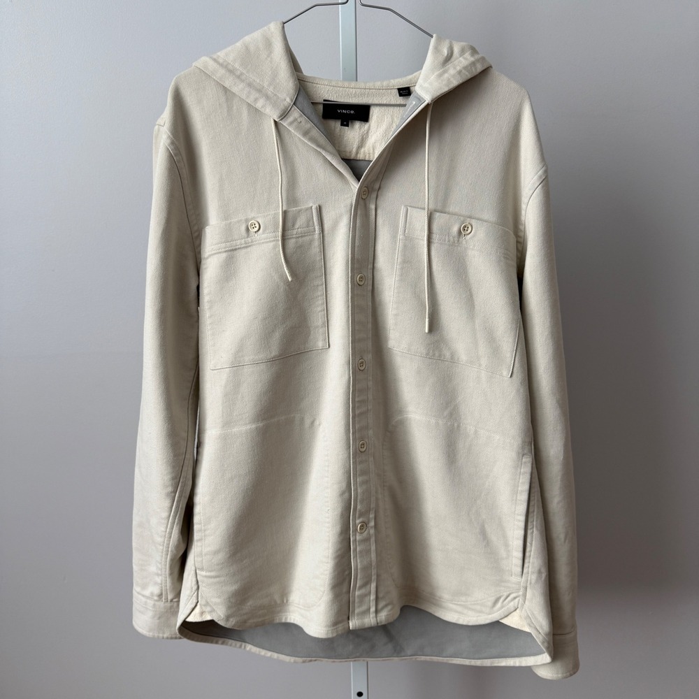 Vince sz M Hooded Utility Shirt Jacket Cream Off White Button Shacket Minimalist